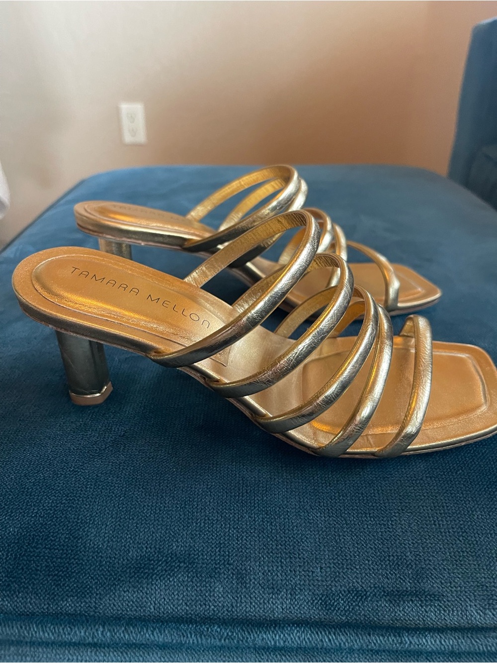 Tamara Mellon Metallic Gold Multi-Strap Mid Heel Sandals